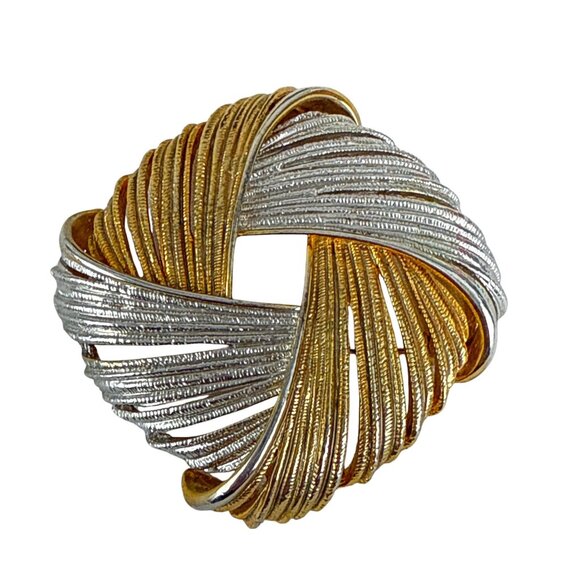 Vintage Gold Silver Swirl Brooch 2" Textured Ribbon Round Pin Costume Jewelry - Picture 5 of 6